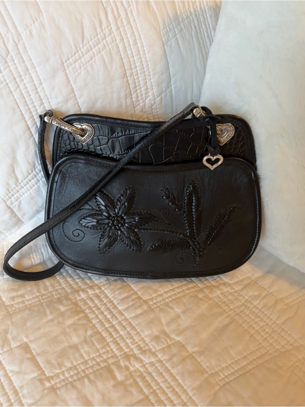 Brighton Black Floral Embossed leather Shoulder Bag 9x6.5